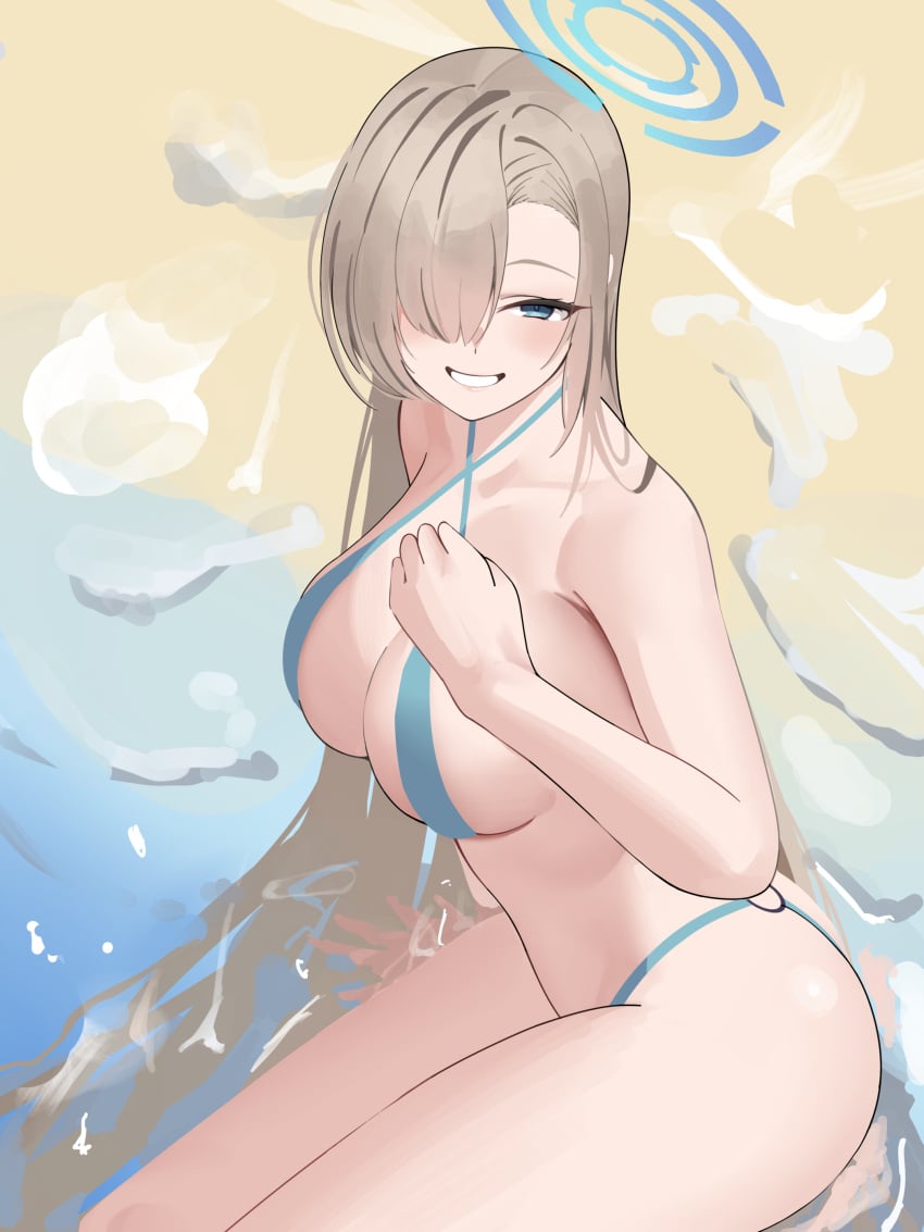 absurdres alternate_costume asuna_(blue_archive) beach bikini blue_archive blue_bikini blue_eyes breasts cleavage female hair_over_one_eye halo highres large_breasts light_brown_hair long_hair looking_at_viewer nemuslyp sideboob solo swimsuit water waves