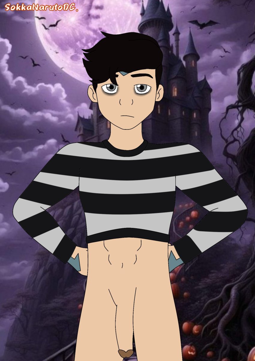 1boy aang addams_family air_nomad airbender_tattoo artist_name avatar_legends avatar_the_last_airbender bats black_hair bottomless castle cosplay full_moon male moon night nsfw penis pugsley_addams pugsley_addams_(cosplay) rn skinny sokkanarutodc the_avatar toony yaoi