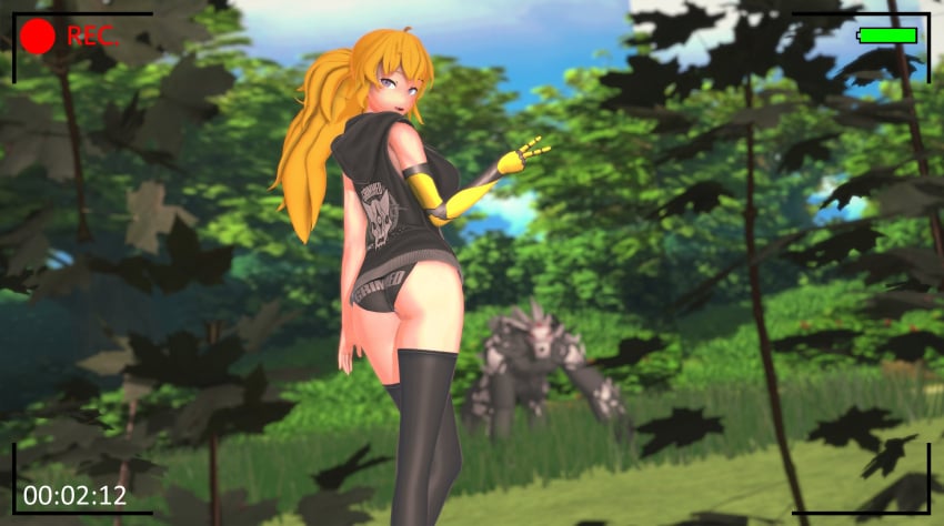 1girls 3d alternate_hairstyle arrancon ass big_ass big_breasts blonde_hair breasts busty fat_ass female female_only grimm_(rwby) hi_res hoodie large_breasts legs long_hair looking_at_viewer looking_back open_mouth panties ponytail pose posing purple_eyes recording rwby seductive seductive_look sensual sideboob smile thighs v voluptuous walking yang_xiao_long