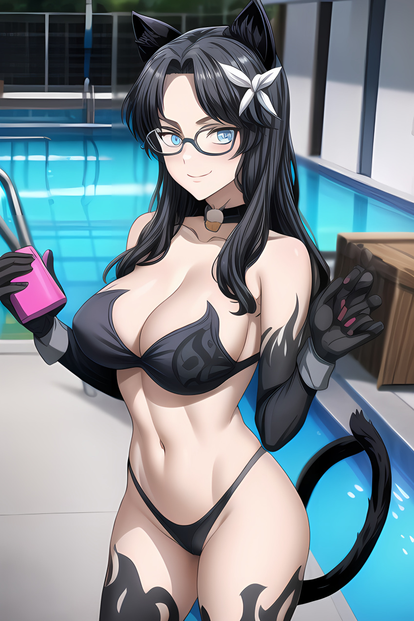 1girls ai_generated ass ass_focus big_breasts black_hair blue_eyes breasts cat_ears cat_tail catgirl female female_focus female_only glasses huge_ass huge_breasts large_breasts long_hair mature_female milf poolside swimsuit thighs