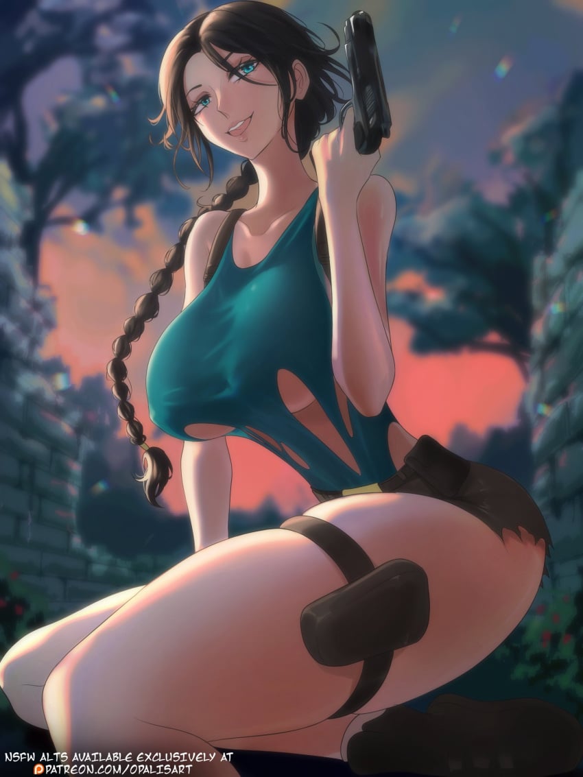 1girls bare_arms bare_legs bare_shoulders bare_thighs big_breasts black_hair blue_eyes blush clothed clothing color female female_focus female_only hi_res lara_croft large_breasts light-skinned_female light_skin long_hair looking_at_viewer no_bra opalisart pistol ripped_clothing shounen_jump solo solo_female tagme thick_thighs tomb_raider