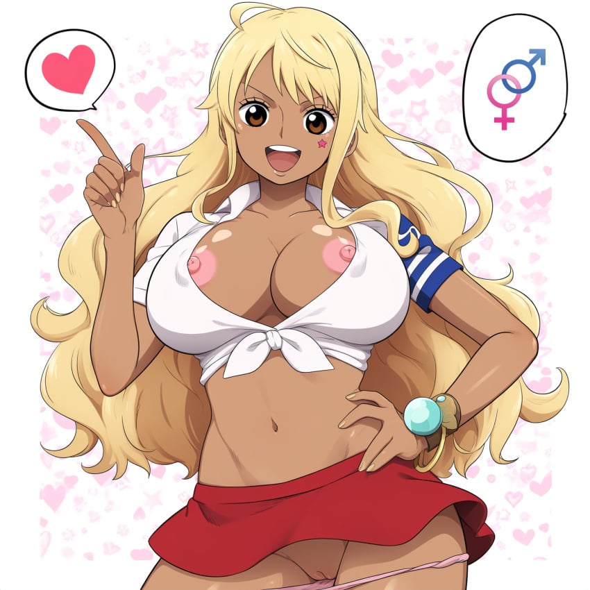 ai_generated artist_request blonde_hair crop_top dark_skin female female_only gyaru large_breasts miniskirt nami nami_(one_piece) one_piece pink_nipples