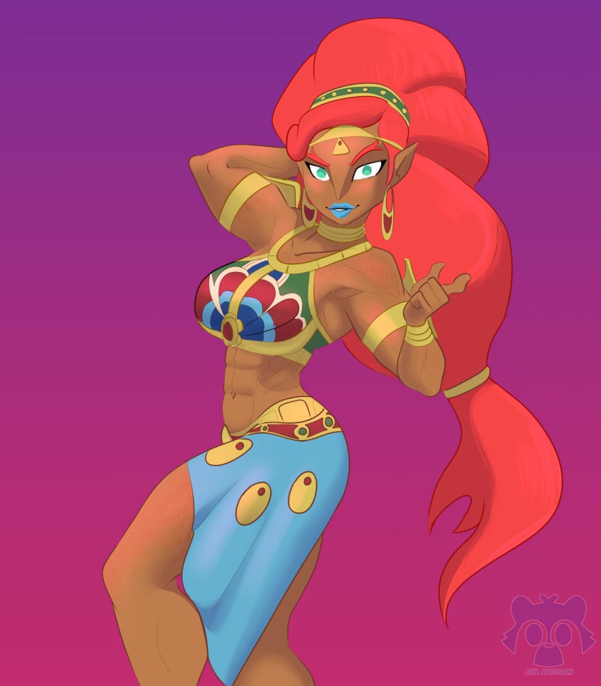 abs armpits arms_up big_breasts breath_of_the_wild dark-skinned_female dark_skin evil_raccoon green_eyes muscles muscular muscular_female nintendo red_hair the_legend_of_zelda urbosa video_games