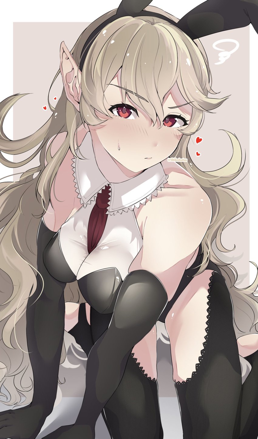 1girls bunny_ears bunny_girl bunnysuit corrin_(fire_emblem) corrin_(fire_emblem)_(female) embarrassed fake_animal_ears fire_emblem fire_emblem_fates grey_hair heart large_breasts looking_at_viewer nintendo pout red_eyes shikohatsu sweatdrop thigh_window thighs