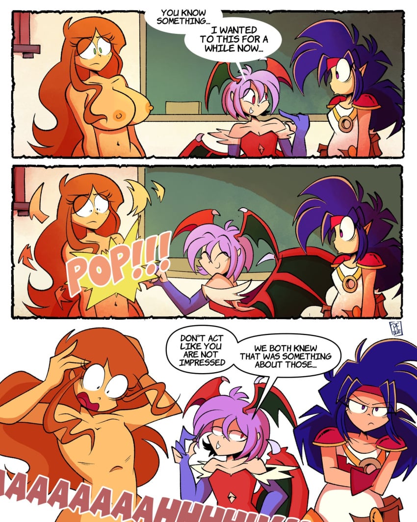 3girls cartoon_physics clara_garcia darkstalkers embarrassed fake_breasts female lilith_aensland meredith_(popfulblue) popfulblue tagme