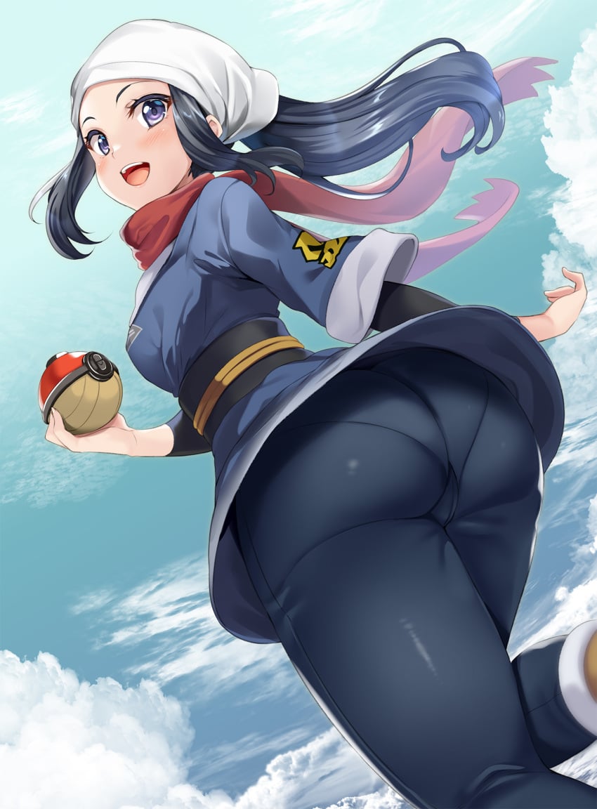 akari_(pokemon) ass bandana black_hair blue_sky blush breasts cloud creatures_(company) female galaxy_expedition_team_survey_corps_uniform game_freak grey_eyes highres hinata_sora large_breasts long_hair long_sleeves looking_at_viewer nintendo obi panties pantylines parted_bangs poke_ball pokemon pokemon_legends:_arceus ponytail red_scarf sash scarf sidelocks sky smile solo underwear white_headwear