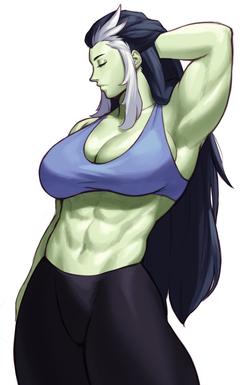 1girls abs absurd_res big_breasts black_hair closed_eyes commission female female_only green-skinned_female green_skin hand_behind_head long_hair muscular muscular_female pants solo sotcho tank_top thick_thighs white_background white_highlights yono_wright