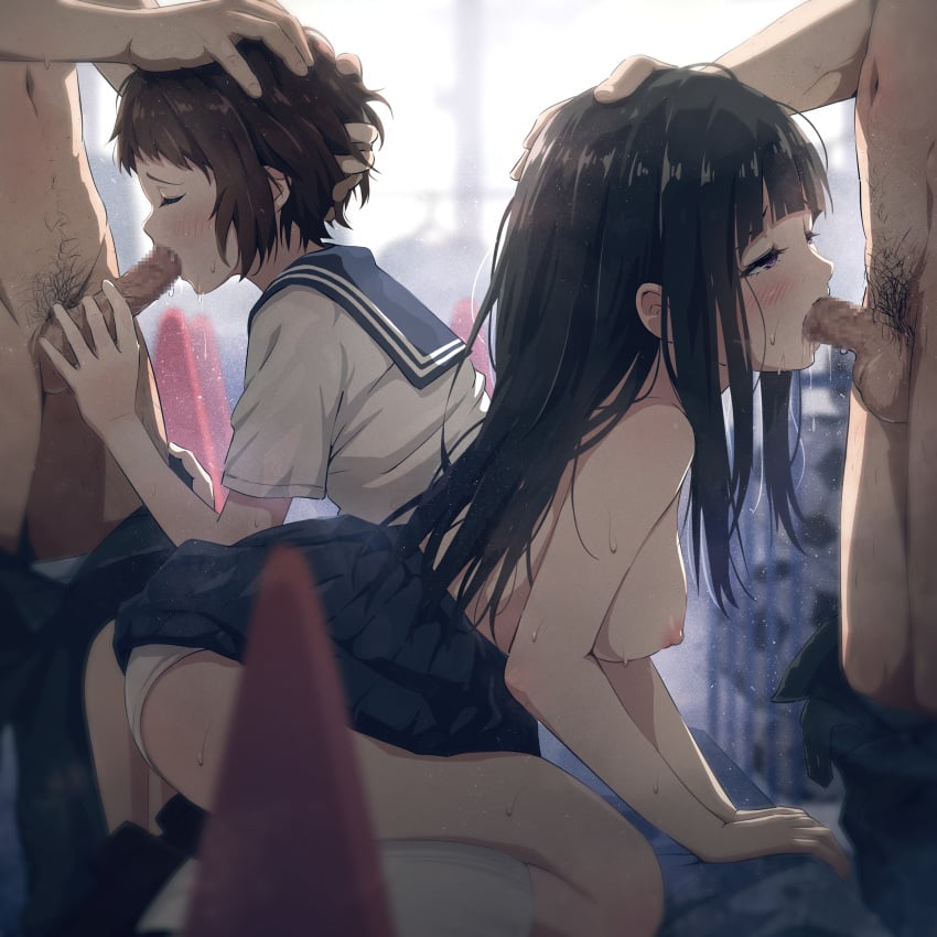 2boys 2girls asou_(asabu202) black_hair censored chitanda_eru face_fucking gangbang group group_sex hyouka ibara_mayaka medium_breasts mosaic_censoring short_hair white_hair