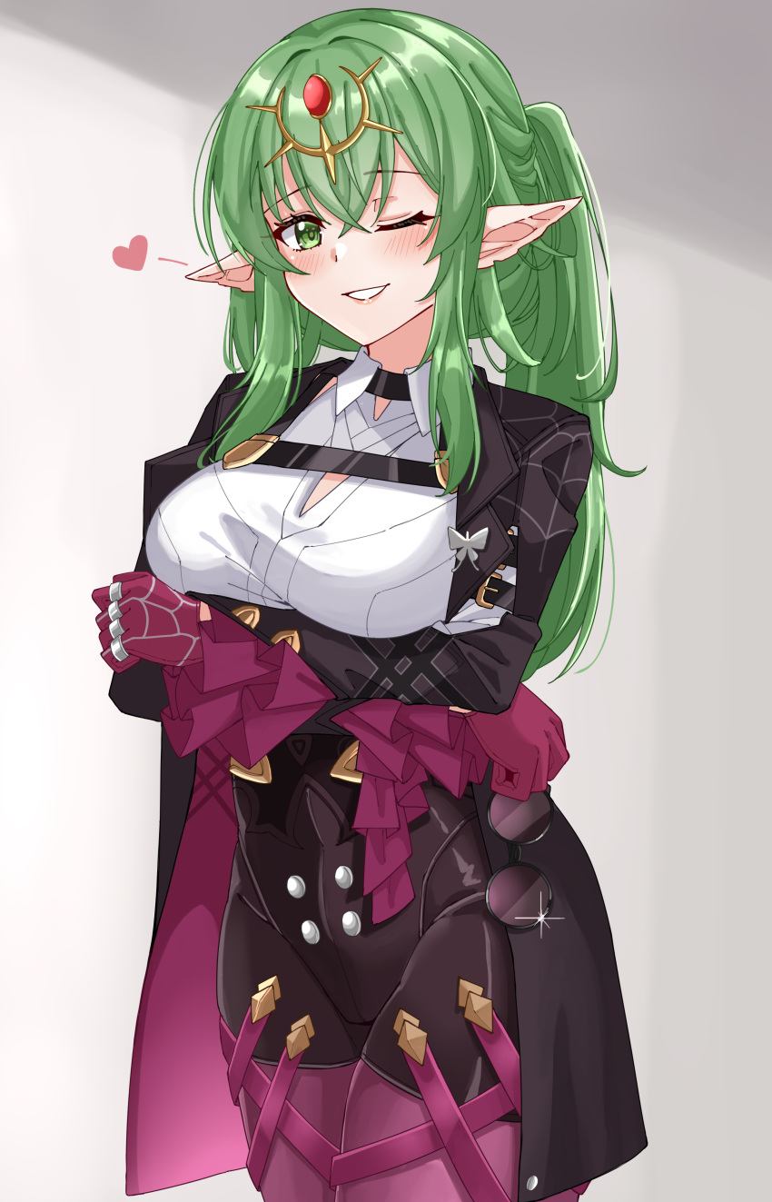 1girls cosplay crossed_arms fire_emblem fire_emblem_awakening green_eyes green_hair honkai:_star_rail kafka_(honkai:_star_rail)_(cosplay) large_breasts looking_at_viewer nintendo one_eye_closed rynn_(darknescorez) tiki_(adult)_(fire_emblem) tiki_(fire_emblem) wink