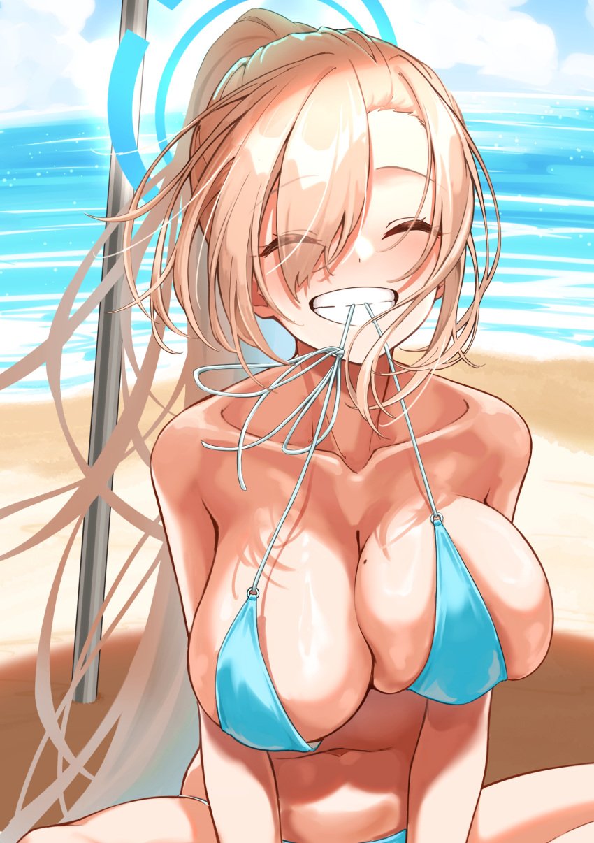 absurdres asuna_(blue_archive) asymmetrical_bangs bare_shoulders bikini bikini_in_mouth blue_archive blue_bikini blue_halo breasts cleavage closed_eyes clothes_in_mouth collarbone day dot_nose eyes_visible_through_hair female halo highres huge_breasts light_blush light_brown_hair long_hair mole mole_on_breast mouth_hold navel o-ring o-ring_bikini ocean ponytail sayu_mypace sitting smile solo string_bikini swimsuit teeth teeth_hold undersized_clothes very_long_hai