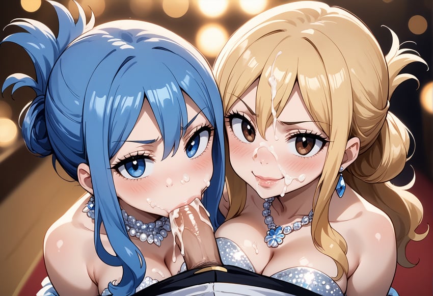 ai_generated cum_in_mouth cum_on_face deepthroat double_fellatio evening_dress fairy_tail gray_fullbuster juvia_lockser looking_at_viewer lucy_heartfilia payop pony_diffusion_xl pov smile