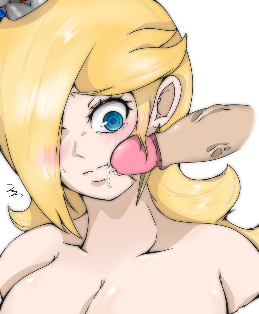 1boy 1girls blonde_hair blue_eyes blush breasts crown cum cumdrip erection female female_focus human light-skinned_female light-skinned_male light_skin male mario_(series) nintendo nude nude_female penis penis_on_face princess princess_rosalina royalty straight unknown_artist unseen_male_face wario white_background