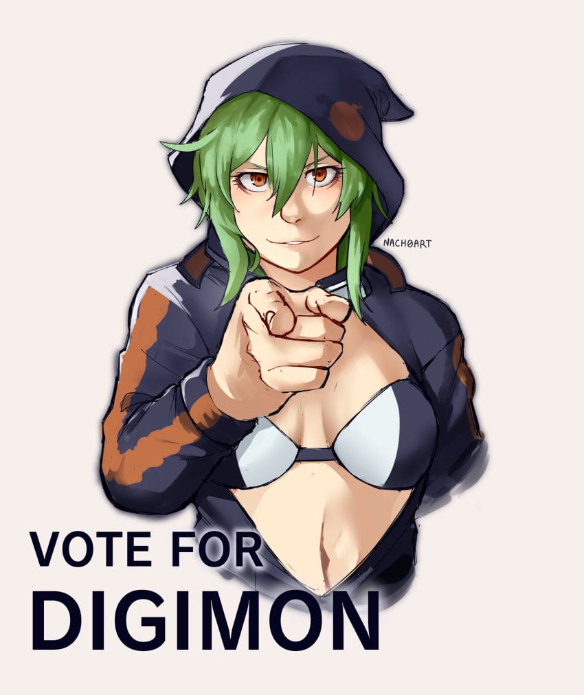 1girls artist_name big_breasts bikini bikini_top_only breasts breasts_out busty digimon english_text green_hair highres hood hoodie large_breasts looking_at_viewer meme navel orange_eyes parted_lips pointing pointing_at_viewer rina_shinomiya short_hair solo swimsuit unzipped