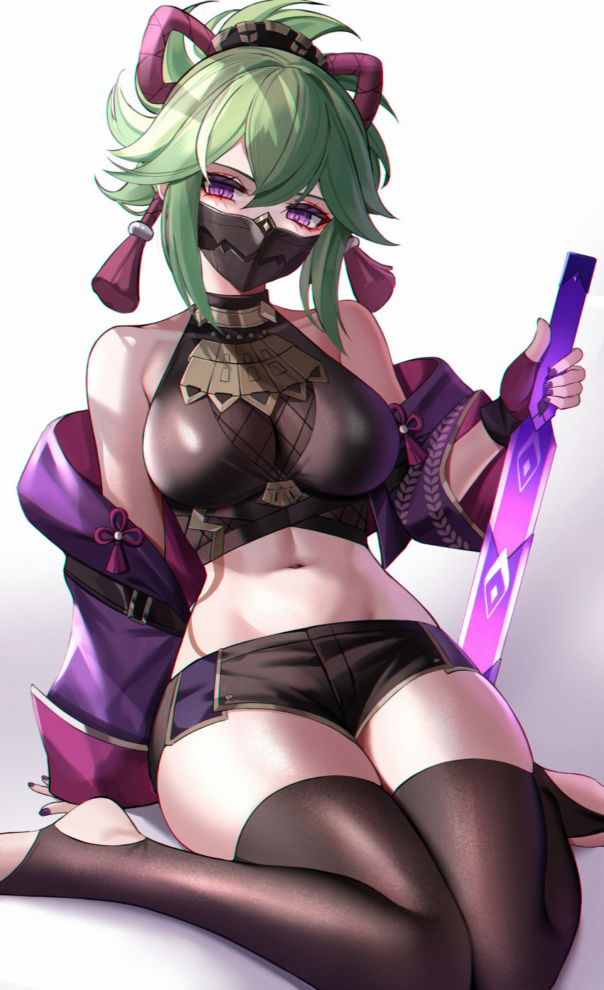 1girls absurdres arm_support bangs bare_shoulders black_shirt black_shorts black_thighhighs crop_top eternity_(shadeh) female female_only fingerless_gloves genshin_impact gloves gradient_background green_hair grey_background head_tilt highres holding_sword jacket kuki_shinobu long_sleeves looking_at_viewer mask midriff nail_polish navel off_shoulder open_clothes open_jacket ponytail purple_eyes purple_gloves purple_jacket purple_nails shirt short_hair short_shorts sitting sleeveless_shirt solo solo_female stomach sword thighhighs thighs wariza weapon white_background