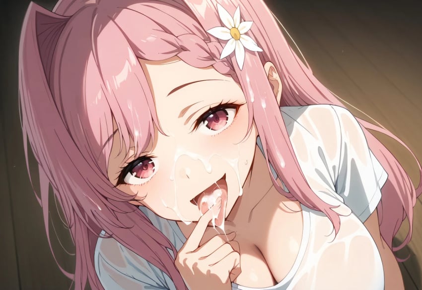 after_oral ai_generated big_breasts cum cum_in_mouth cum_on_face cum_on_hair flower_in_hair himemiya_karen huge_breasts kiwifruit0501 light-skinned_female light_skin long_hair looking_at_viewer make_heroine_ga_oo_sugiru! massive_breasts pink_eyes pink_hair smiling solo_female squatting sweat sweatdrop t-shirt tongue_out voluptuous voluptuous_female