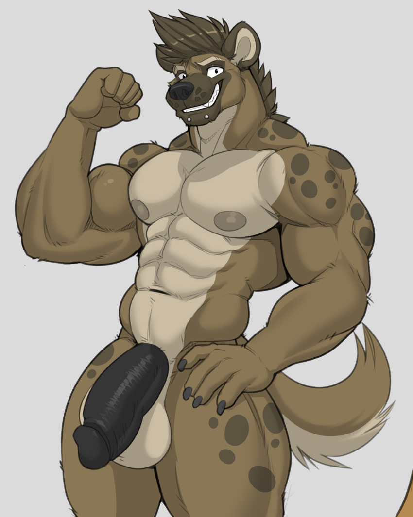 abs anthro balls biceps big_balls big_penis black_penis brown_body brown_fur claws fur genitals hair hi_res humanoid_genitalia humanoid_penis hyena male mammal markings muscular muscular_anthro muscular_male nipples nude pecs penis piercing simple_background spots spotted_body spotted_hyena tail tan_body tan_fur trystan_(dissimulated) vexedlupine