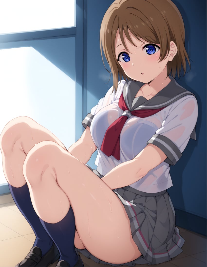 1girls ai_generated blue_eyes brown_hair female love_live! love_live!_sunshine!! necktie school_uniform serafuku thighs watanabe_you