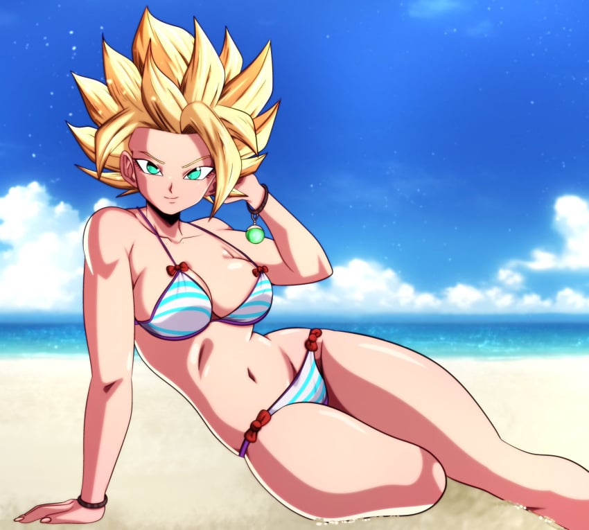 beach bikini blonde_hair breasts caulifla dragon_ball dragon_ball_super earrings female large_breasts panties potara potara_earrings solo super_saiyan