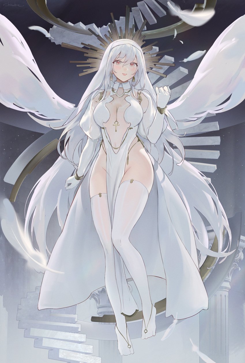 1girls bangs blush breasts chowbie covered_navel feathers female full_body gloves highres large_breasts long_hair looking_at_viewer original red_eyes smile solo thighhighs thighs veil white_gloves white_headwear white_thighhighs wings