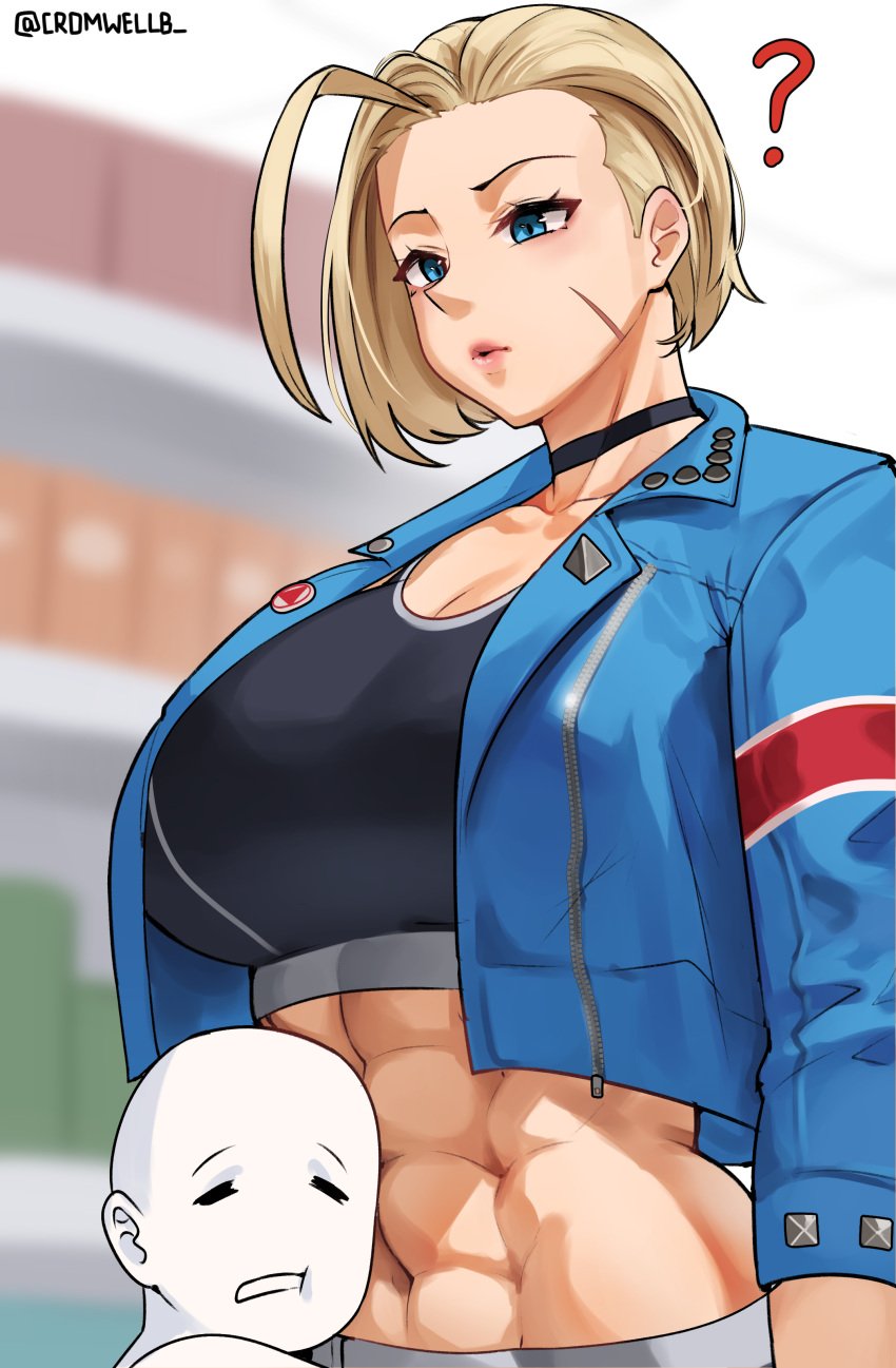 1boy 1girls ? abs absurdres alternate_breast_size blonde_hair blue_eyes breasts cammy_white cammy_white_(street_fighter_6) choker cleavage cromwellb female female_focus fully_clothed highres jacket large_breasts muscular muscular_female open_clothes open_jacket street_fighter street_fighter_6 tank_top