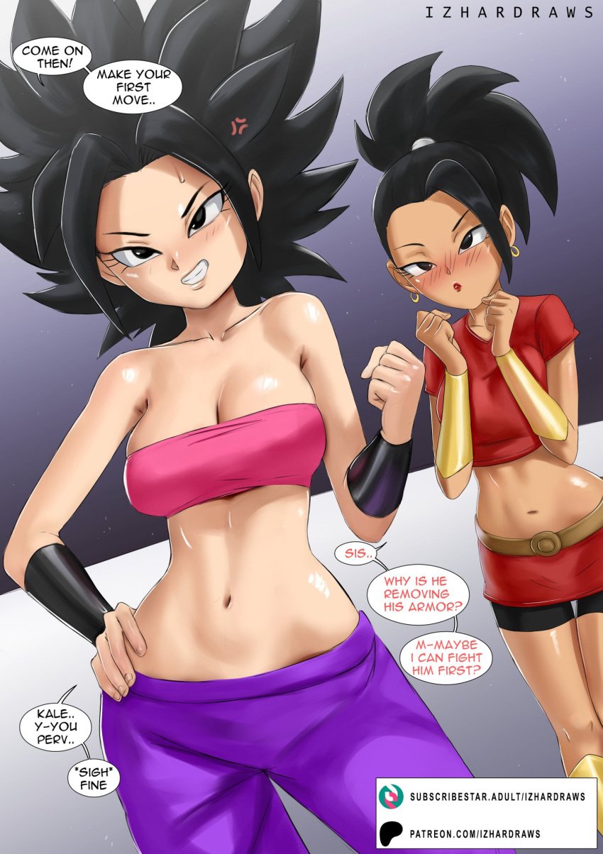 2girls bare_arms bare_shoulders bare_thighs black_hair blush caulifla clothed clothing color dragon_ball dragon_ball_super english_text female female_focus female_only hi_res izhardraws kale light-skinned_female light_skin long_hair looking_at_viewer solo_female tagme text text_bubble thick_thighs