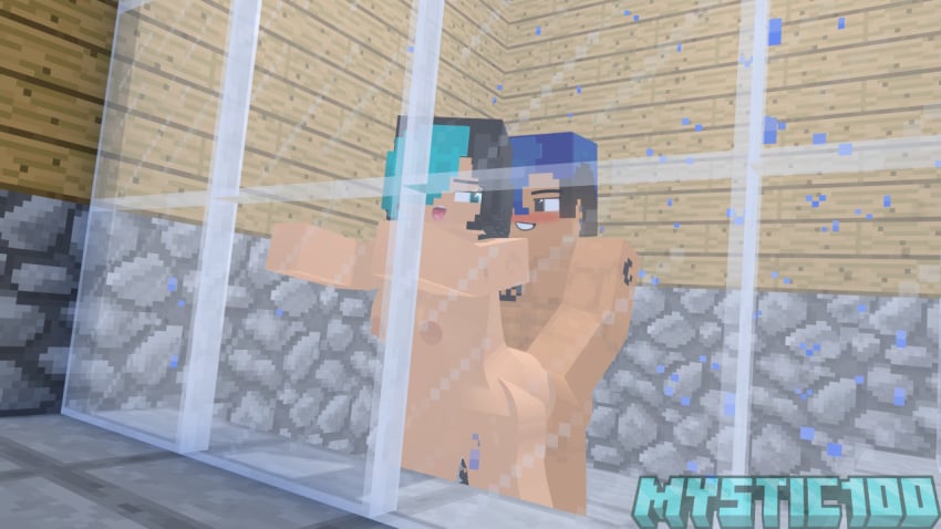 1boy 1girls big_ass big_breasts big_butt butt_grab jem_(chaosdiamond) mine-imator minecraft mystic100 naked naked_female naked_male nude nude_female nude_male shower shower_sex showering