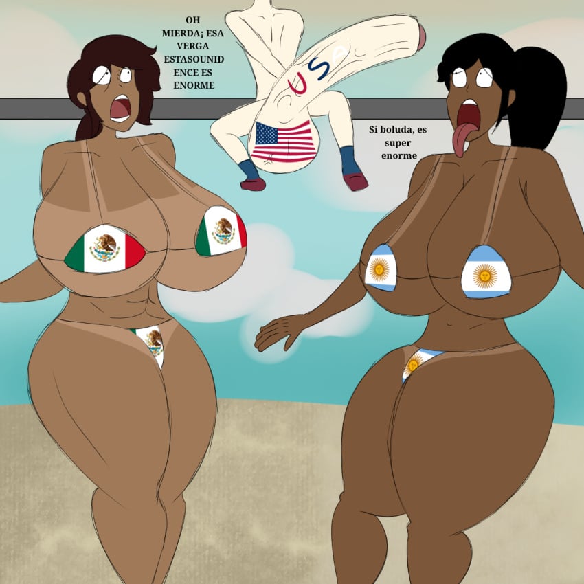 2girls 2girls1boy ahe_gao ahegao_face argentina beach big_ass big_breasts big_butt big_penis bigger_female bikini hyper_balls hyper_breasts hyper_penis massive_breasts mexico small_but_hung smaller_male surprised surprised_expression united_states_of_america usa