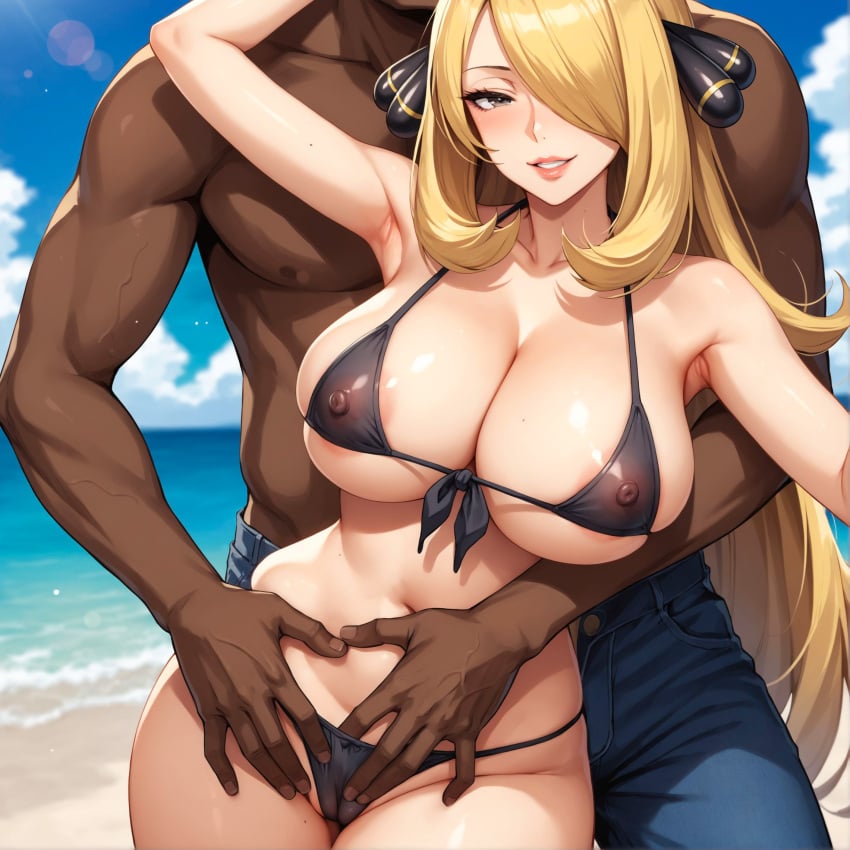 1boy 1girls ai_generated alex-schura areola_slip areolae armpits bangs bare_shoulders beach behind_another bikini black_bikini black_swimsuit blonde_hair blue_sky blush breasts cleavage clothing cloud covered_erect_nipples curvaceous curvaceous_female curvaceous_figure curvy curvy_figure cynthia_(pokemon) dark-skinned_male dark_skin day denim erect_nipples erect_nipples_under_clothes female female female_focus fingering grey_eyes groping hair_ornament hair_over_one_eye heart huge_breasts interracial jeans large_breasts lips long_hair looking_at_viewer male micro_bikini mole mole_on_breast muscular_male navel nipples ocean outdoors pants parted_lips pokemon pokemon_(game) pokemon_champion pokemon_character pokemon_diamond_pearl_&_platinum pokemon_dppt see-through skindentation sky smile solo_focus straight swimsuit thick_thighs thighs very_long_hair voluptuous voluptuous_female water