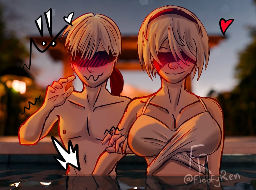 bath bathing_suit blindfold blush blushing_female blushing_male blushing_profusely handjob handjob_underwater nier nier:_automata nier_(series) surprised swimsuit white_hair yorha_2b yorha_9s