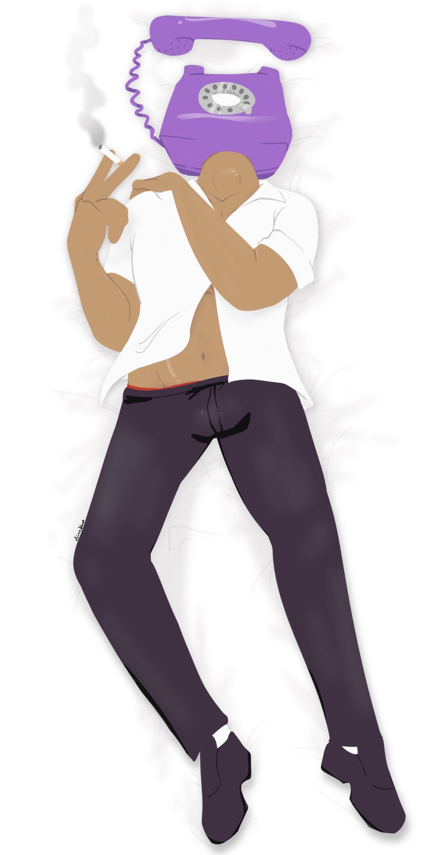 1male anthro black_pants black_shoes body_pillow bodypillow bulge cigarette cigarette_smoke covering_chest covering_self dakimakura dark_skin dayshift_at_freddy's dsaf exposed_midriff jake_(dsaf) jake_wilson_(dayshift_at_freddy’s) lit_cigarette male_only no_outlines object_head objectophilia objectphilia objectum on_back on_bed phone_head purple_face rotary_phone shiny_skin simp_draws solo_focus stomach unbuttoned_shirt underwear_peek white_background white_shirt