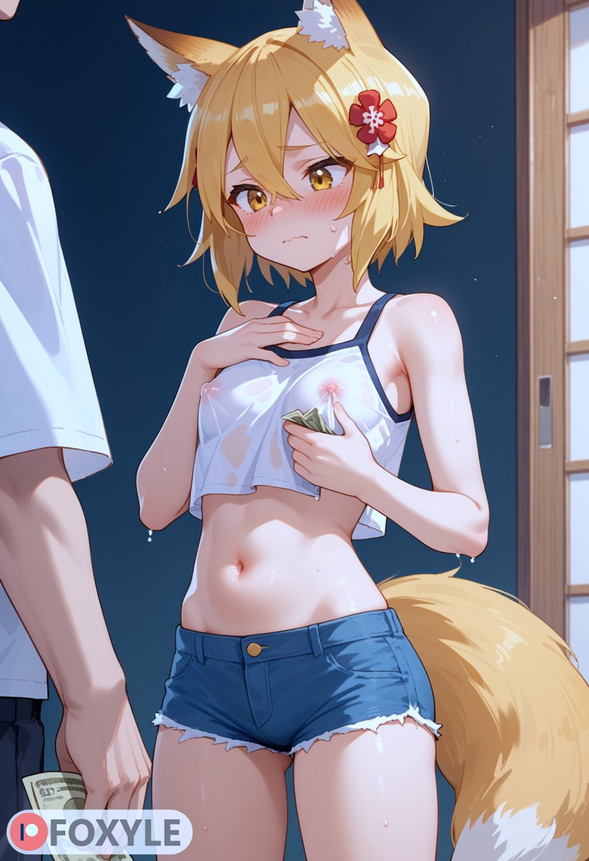 1boy 1girls ai_generated embarrassed female fox_ears fox_girl fox_tail foxyle kitsune money senko_(sewayaki_kitsune_no_senko-san) sewayaki_kitsune_no_senko-san shorts small_breasts stomach touching_breast wet wet_clothes yellow_eyes yellow_hair