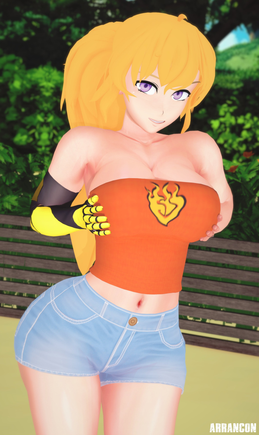 1girls 3d alternate_hairstyle arrancon big_breasts blonde_hair breasts busty cleavage denim denim_shorts female female_only grin hi_res large_breasts legs long_hair midriff navel ponytail purple_eyes rwby self_fondle sensual shirt shorts sleeveless_shirt thighs toned voluptuous yang_xiao_long