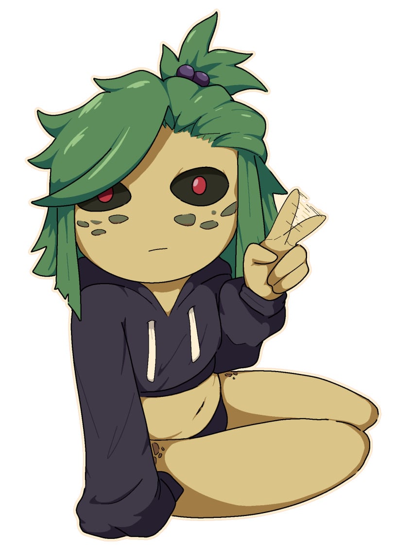 black_sclera chibi confusedsabron crop_top dungeons_and_dragons green_hair hoodie scales sticker thong yuan-ti zhutu