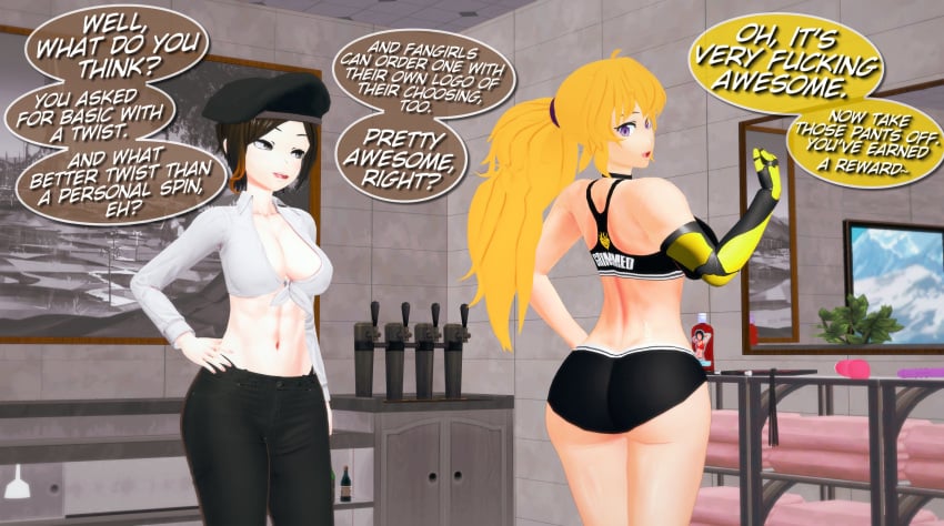 2girls 3d arrancon ass beret big_ass big_breasts blonde_hair breasts brown_hair buruma busty cleavage coco_adel fat_ass female female_only hand_on_hip hi_res large_breasts legs long_hair midriff multiple_girls navel ponytail pose posing purple_eyes rwby sensual short_hair smile sports_bra sportswear sunglasses thighs toned voluptuous whale_tail yang_xiao_long