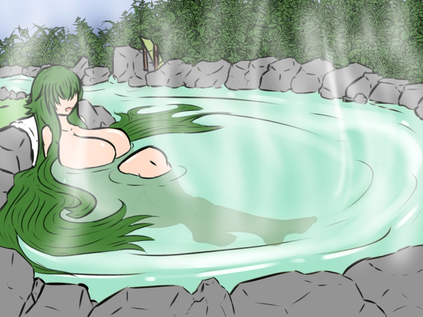 1girls 2022 bathing big_breasts breasts commission completely_nude female_only gokusenpai green_hair hot_spring huge_breasts karen_(matsu-sensei) nude nude_female solo solo_female