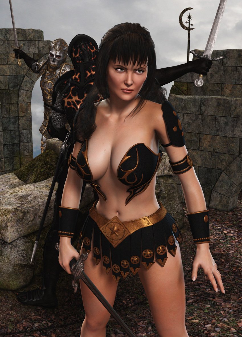 1girls 2boys armor black_hair bracelet cleavage furbs3d green_eyes holding_weapon large_breasts miniskirt revealing_clothes sword tagme unconvincing_armor xena xena_warrior_princess