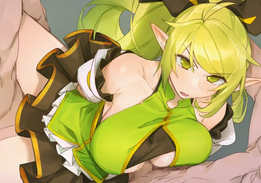 2boys anemos_(elsword) bare_shoulders berg blush breast_squeeze breasts cleavage clothed_female_nude_male clothed_sex detached_sleeves elf elsword female green_eyes green_hair group_sex large_breasts long_hair mmf_threesome multiple_boys nude open_mouth paizuri paizuri_under_clothes penis pointy_ears ponytail rena_erindel sex straight threesome vaginal_penetration very_long_hair