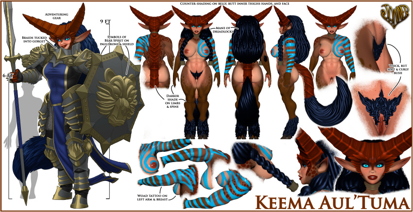 absurd_res armor blue_eyes character_sheet clothing female genitals hair hi_res hooves horn humanoid jessica_anner keema larger_female long_ears mane melee_weapon model_sheet mountainfolk muscular muscular_female pike_(weapon) polearm pubes pussy size_difference solo spear tabard tail tall_female tattoo weapon