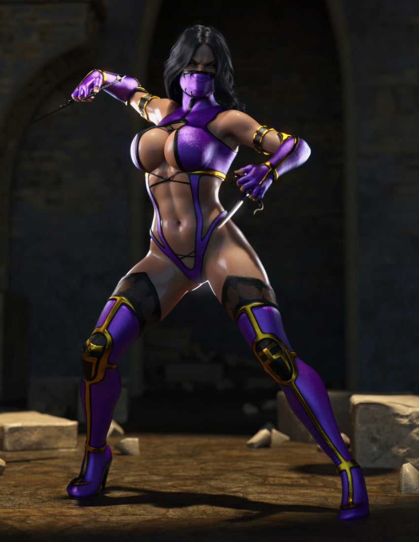 1girls 3d abs action_pose amber_eyes arm_strap assassin big_breasts black_hair busty cleavage dual_wielding elbow_gloves female female_only fighting_stance fingerless_gloves fit_female frown gloves high_heel_boots holding_weapon humanoid janus3003 large_breasts mask masked masked_female mileena mileena_(mk9) monster_girl mortal_kombat mortal_kombat_(2011) navel ninja purple_elbow_gloves purple_fingerless_gloves purple_mask purple_thighhighs purple_thong_leotard revealing_clothes round_breasts sais shiny_skin skimpy solo tan-skinned_female tan_skin tarkatan thigh_boots thighhighs thong_leotard