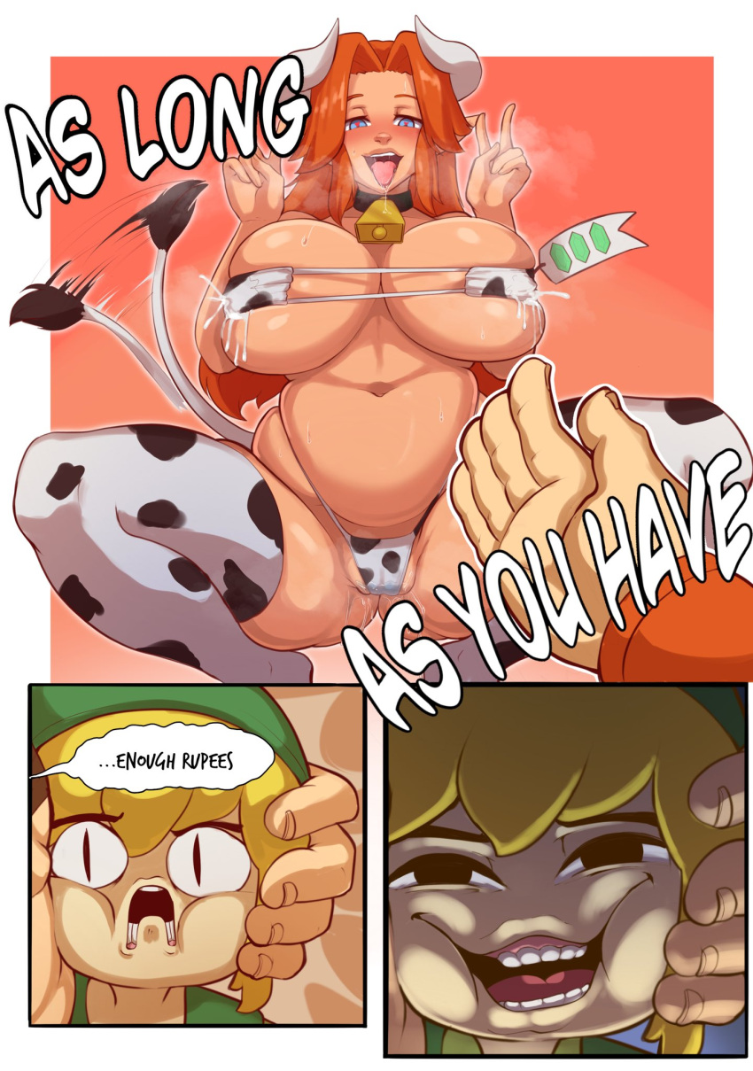 2021 animal_bikini animal_humanoid animal_print big_breasts bikini blonde_hair bodily_fluids bovid bovid_humanoid bovine bovine_humanoid breast_squish breasts cattle_humanoid cd-i clothed clothing comic cow_bikini cow_print cow_stockings cremia crouching curvaceous curvy_figure dialogue double_v_sign english_text eyepatch_bikini female female_focus genital_fluids gesture group hair hi_res horn huge_breasts humanoid hylian lactating legwear majora's_mask male malon mammal mammal_humanoid milk moo_bitch morshu navel nintendo nudiedoodles ocarina_of_time orange_hair pattern_clothing pattern_swimwear pussy_juice solo_focus squish stockings swimwear tail_motion tailwag text the_legend_of_zelda thigh_highs toon_link trio v_sign video_games voluptuous wind_waker