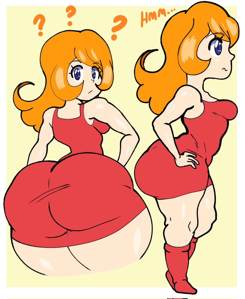 1girls ? ass ass_focus ass_shot big_ass big_breasts blue_eyes breasts clothing dat_ass dress english english_text fat_ass female female_only hair huge_ass large_ass long_hair looking_back mona_(warioware) nintendo orange_hair red_dress shingattai side_view sideboob solo solo_female text thick_thighs thighs warioware