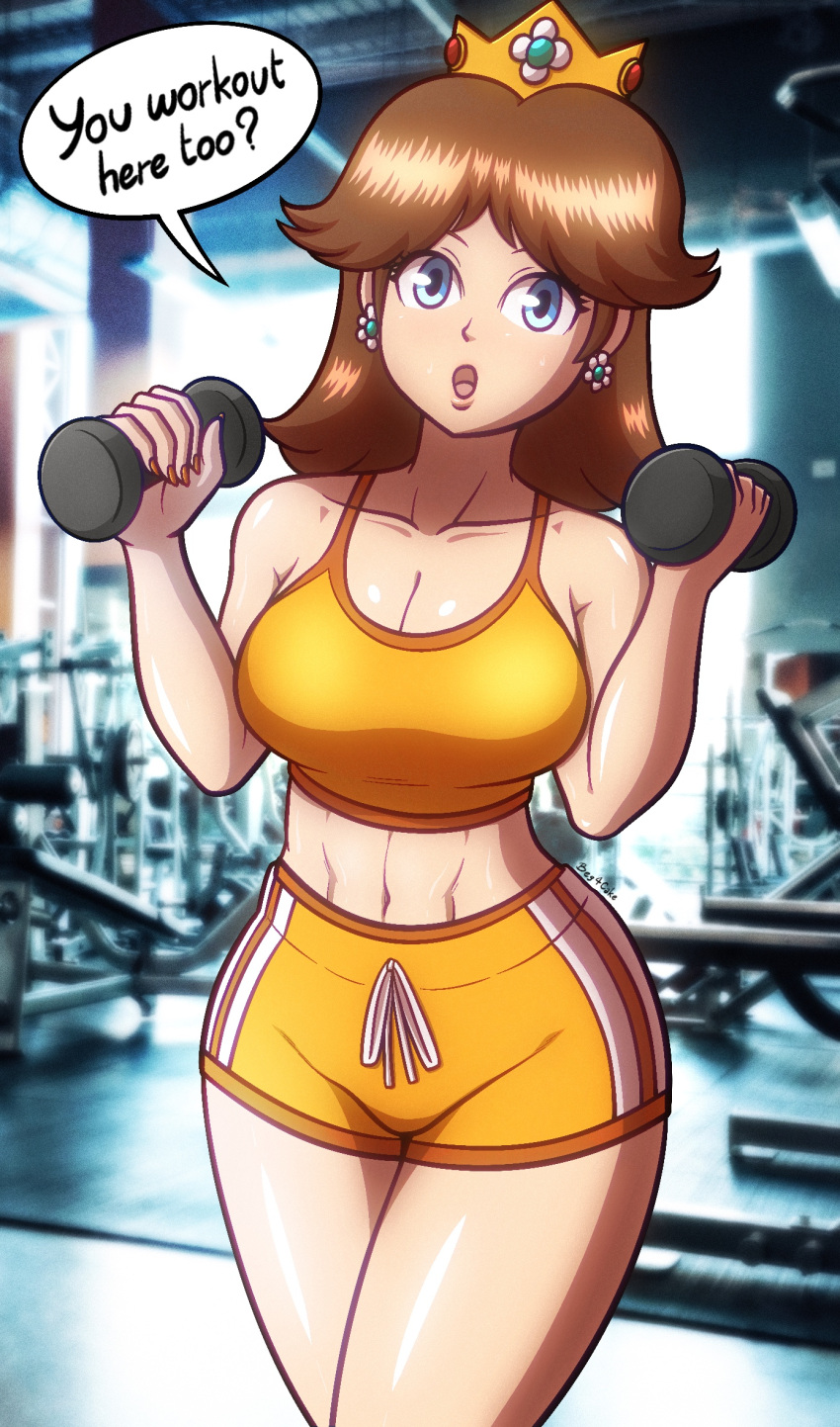 1girls abs beg4cake big_breasts blue_eyes breasts brown_hair cleavage crown dialogue dumbbell earrings female looking_at_viewer mario_(series) muscle muscle_tone muscles muscular muscular_female nintendo open_mouth orange_shorts princess_daisy short_shorts shorts six_pack sports_bra thick_thighs wide_hips working_out