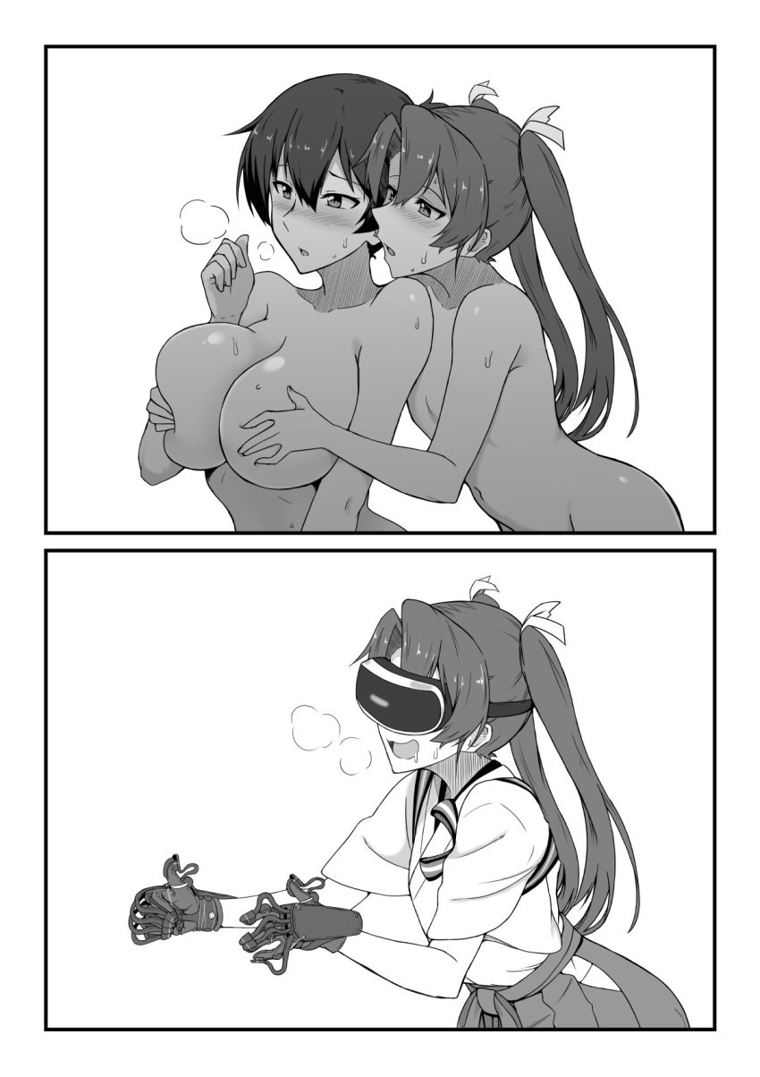 2girls 2koma blush breast_grab breasts comic controller convenient_arm drooling female_pervert flat_chest grabbing grabbing_from_behind greyscale groping hakama hakama_short_skirt hakama_skirt head-mounted_display heavy_breathing highres japanese_clothes kaga_(kantai_collection) kantai_collection large_breasts long_hair monochrome multiple_girls open_mouth pervert side_ponytail skirt smile takaman_(gaffe) twintails virtual_reality vr_headset yuri zuikaku_(kantai_collection)