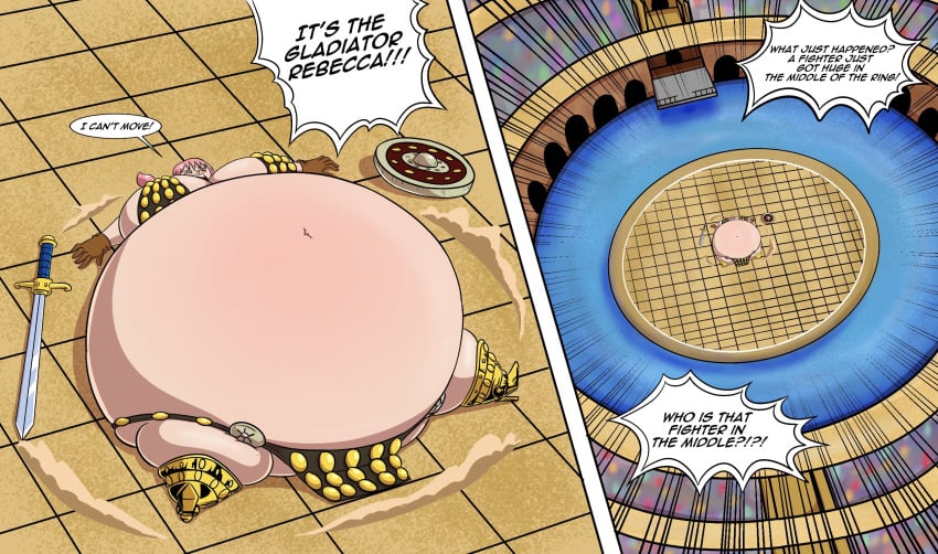 1girls belly_button belly_expansion bikini comic d1g1talf4ce dialogue female female_only helpless huge_breasts hyper_belly immobile inflation obese obese_female one_piece rebecca_(one_piece)