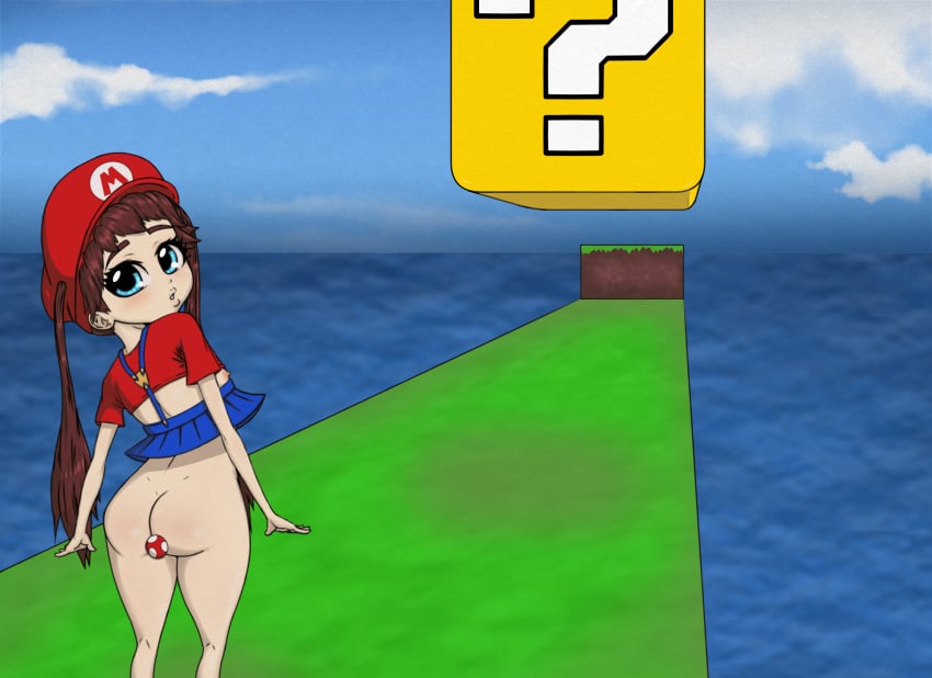 blue_eyes bottomless brown_hair buttplug cute flat_chest genderswap_(mtf) hat mario mario_(series) microskirt overall_skirt overalls question_block rule_63 skirt super_mario_bros. the_n35t