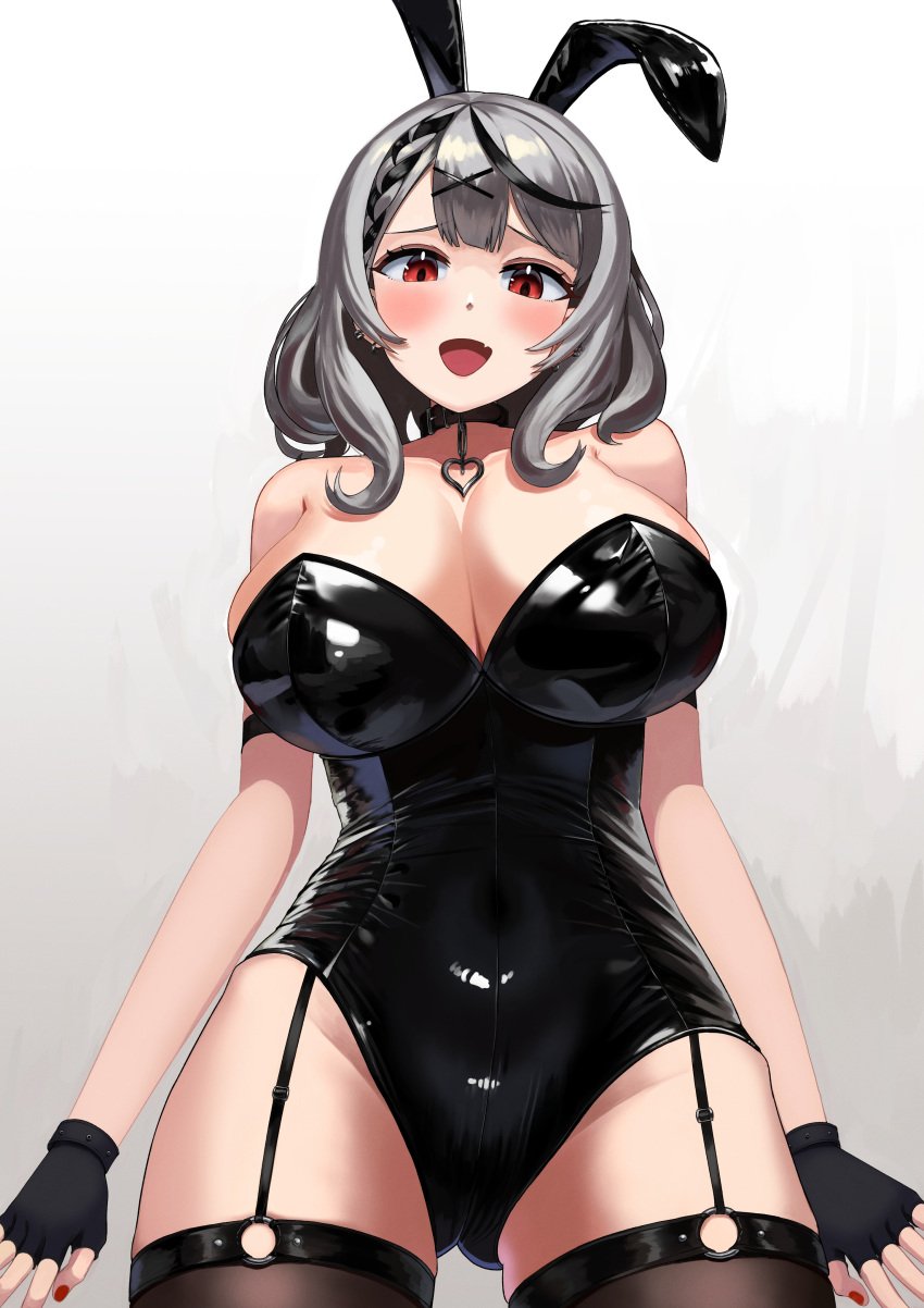 1girls :d absurdres animal_ears ass_visible_through_thighs bare_arms bare_shoulders belt_collar black_gloves black_hair black_leotard blush braid breasts cleavage collar cowboy_shot dot_nose ear_piercing fake_animal_ears female fingerless_gloves garter_straps gloves gradient gradient_background grey_hair heart_o-ring highleg highleg_leotard highres hololive hololive_japan holox large_breasts leotard looking_at_viewer looking_down multicolored_hair nail_polish o-ring oerba_yun_fang open_mouth piercing playboy_bunny red_eyes red_nails sakamata_chloe shiny shiny_clothes shiny_hair skin_fang slit_pupils smile solo solo_female strapless strapless_leotard suzume_b thighhighs two-tone_hair virtual_youtuber