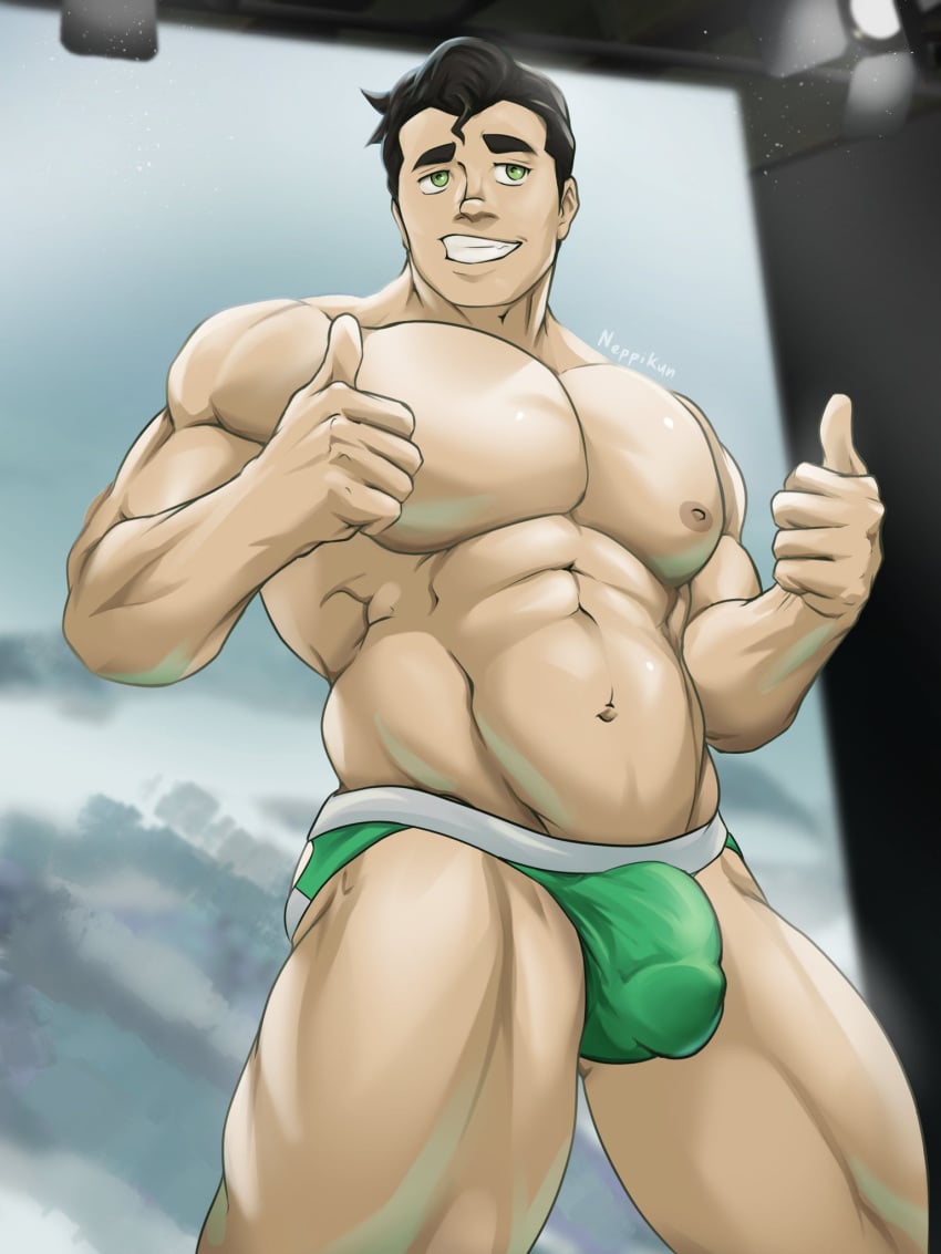 1boy abs artist_name artist_signature avatar_legends bara belly biceps big_bulge big_pecs black_hair bolin buff bulge copyright_name green_eyes green_speedo green_underwear human human_only light-skinned_male light_skin male male_boobs male_chest male_focus male_only moobs muscles muscular muscular_male muscular_thighs neppikun nickelodeon pecs pectorals penis_outline pose posing smile smiling smooth_skin solo solo_focus solo_male speedo speedo_only teeth teeth_showing the_legend_of_korra thick_eyebrows thick_thighs thumbs_up tight_speedo tight_underwear underwear underwear_only