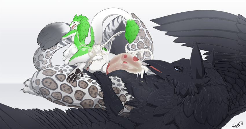 bodily_fluids cum faunoiphilia feral genital_fluids hyper jaguar_gryphon male meralot on_bottom on_top reverse_cowgirl_position sajik sergal sex size_play