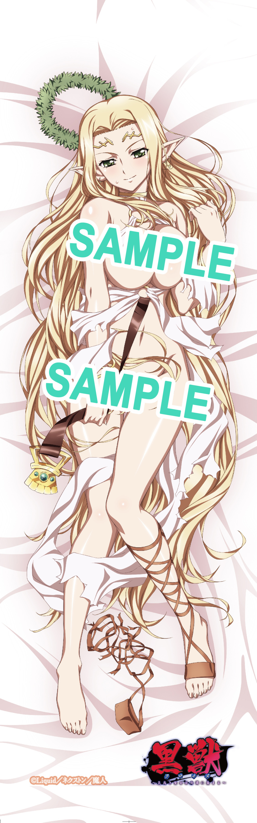 1girls absurdres big_breasts blonde_hair blush breasts busty celestine_lucross celestine_lucullus censored cleavage dakimakura dakimakura_(medium) elf feet female female_only green_eyes highres kuroinu_~kedakaki_seijo_wa_hakudaku_ni_somaru~ large_breasts legs long_hair looking_at_viewer lying mature_female navel official_art on_back pointy_ears sample_watermark seductive_smile smile solo text_censor thighs