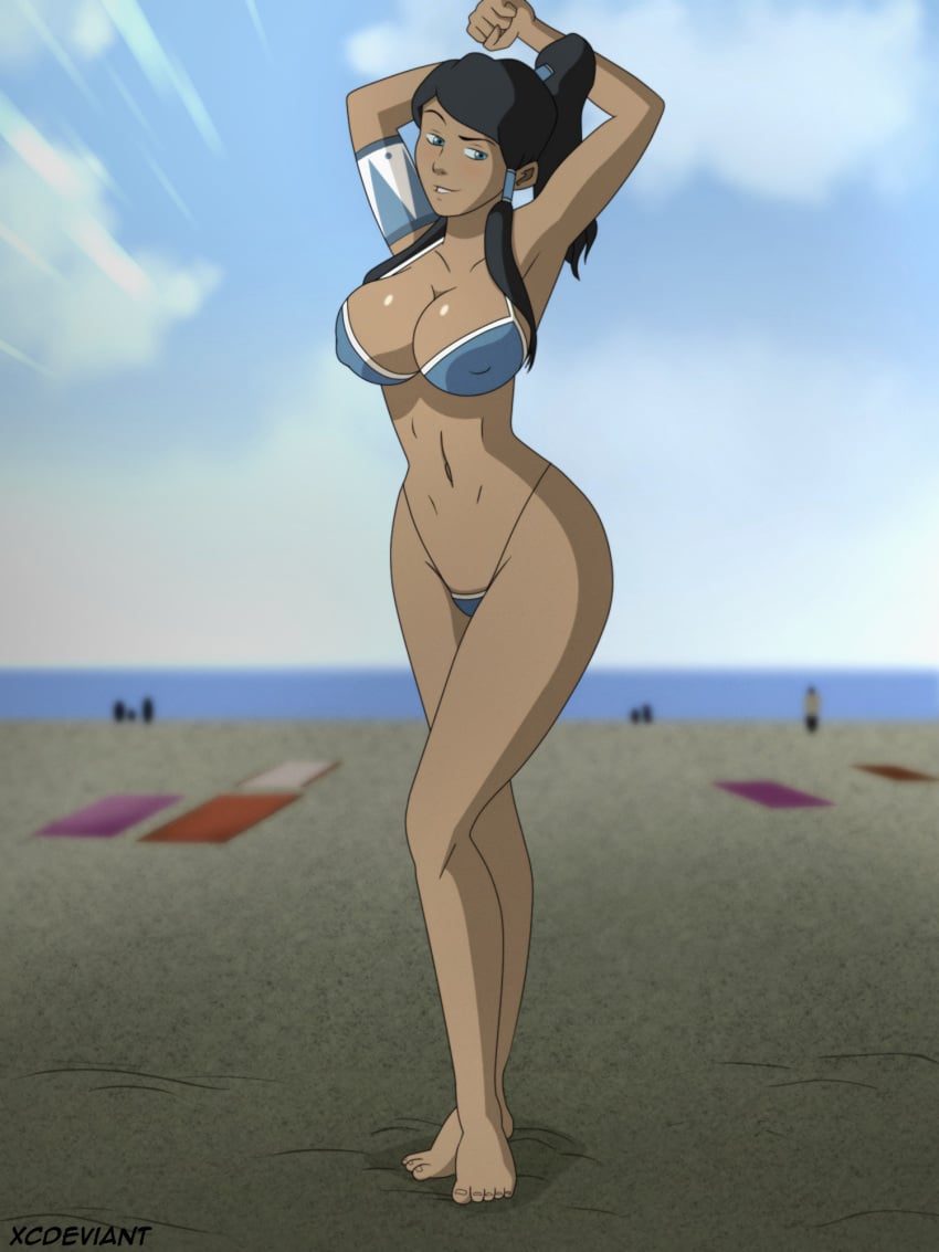 1girls armpits arms_behind_head avatar_the_last_airbender beach big_breasts bikini black_hair blue_bikini blue_swimsuit breasts busty dark-skinned_female female female_only korra large_breasts legs nickelodeon ocean ponytail pose posing sensual smile swimsuit the_legend_of_korra thighs thong_bikini water xcdeviant